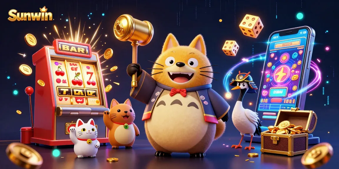 Spin your luck in the Sunwin casino experience with a cheerful tanuki and friends amidst a jackpot explosion!