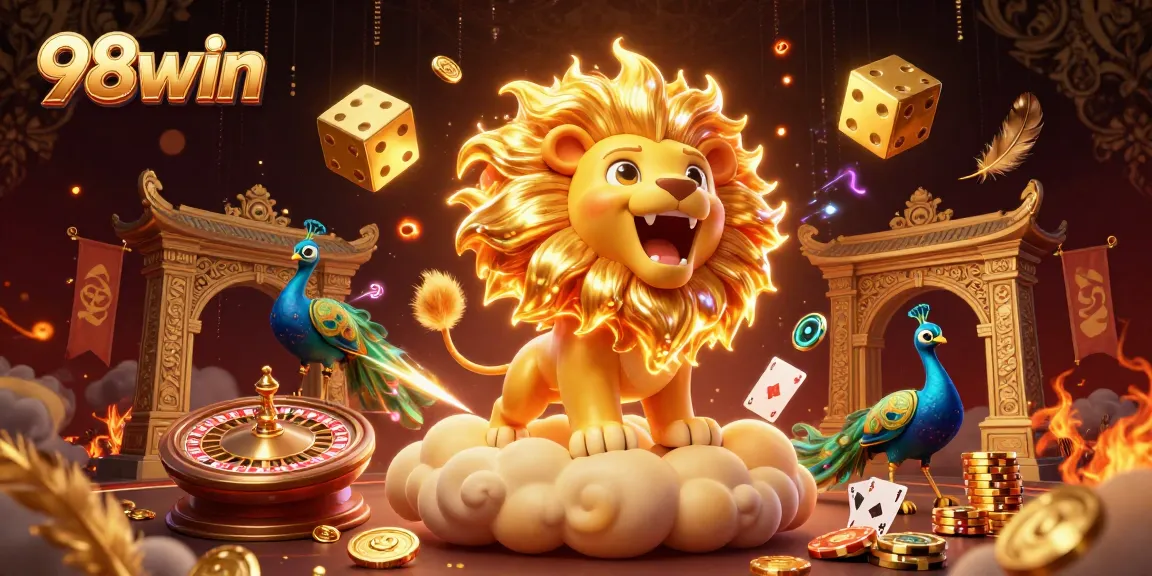 Experience thrilling casino wins with 98win in a vibrant 3D scene of a roaring lion and casino elements.