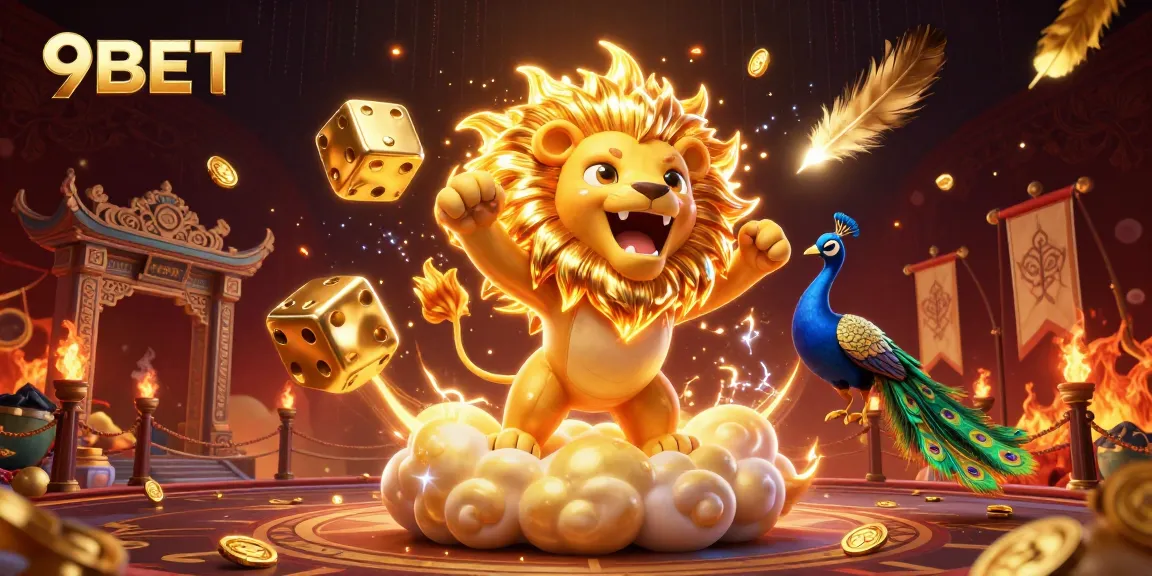 Experience thrilling gameplay at 9BET depicted by a roaring lion amidst golden dice and vibrant casino elements.