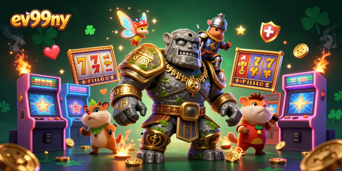 Engage with ev99ny's vibrant gaming experience featuring slot reels and magical characters.