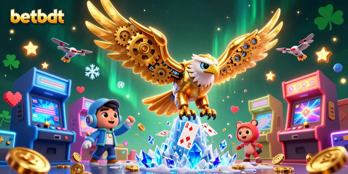 Engage the lively betbdt experience with dynamic holographic cards and vibrant arcade machines in a captivating illustration.