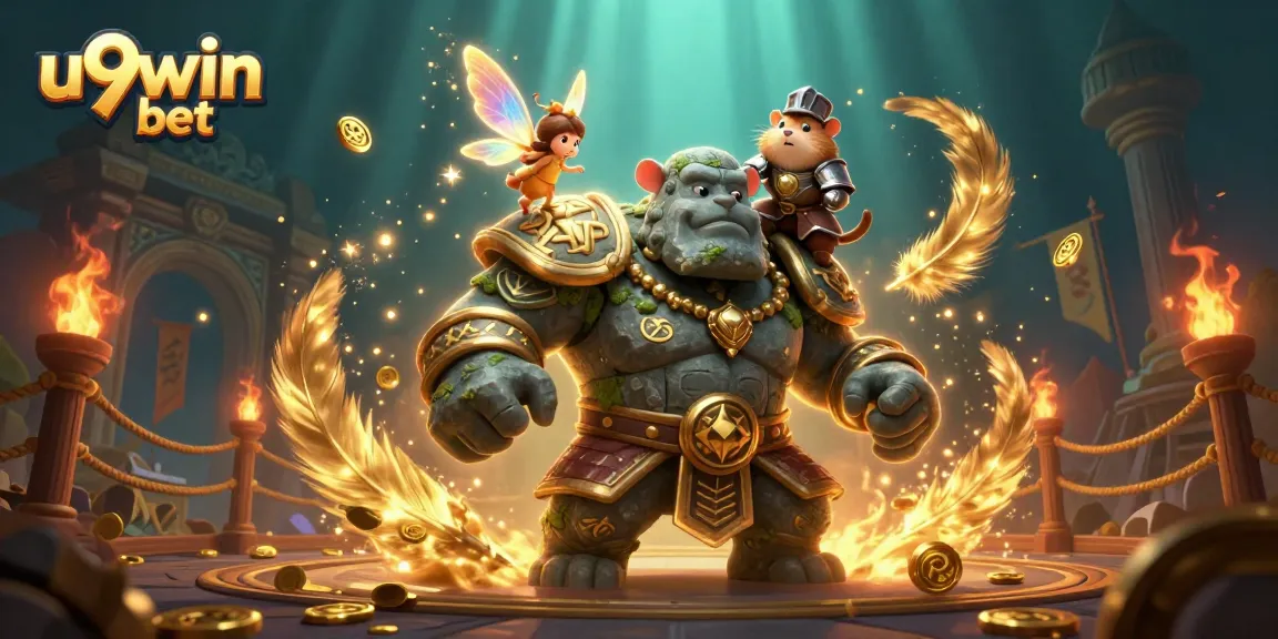 Experience the excitement of u9win bet with a magical scene featuring a golem guardian and a brave knight.