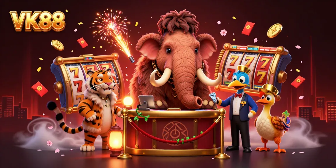 Experience thrilling action at VK88 with a vibrant casino scene featuring a woolly mammoth bouncer and slot reels.