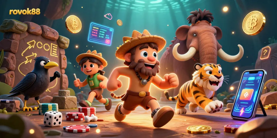 Experience the exciting world of rokok88 casino with this dynamic 3D illustration featuring cavemen and a sabertooth tiger.