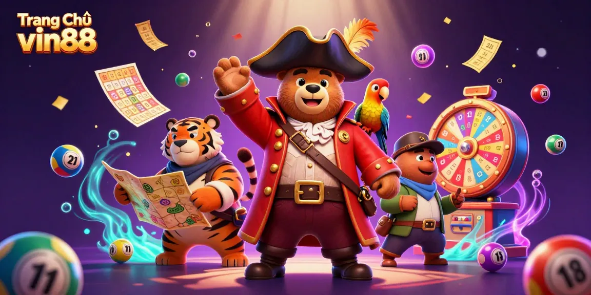 Experience the excitement of Trang Chủ vin88 with vibrant lottery elements and characters in a 3D casino illustration.