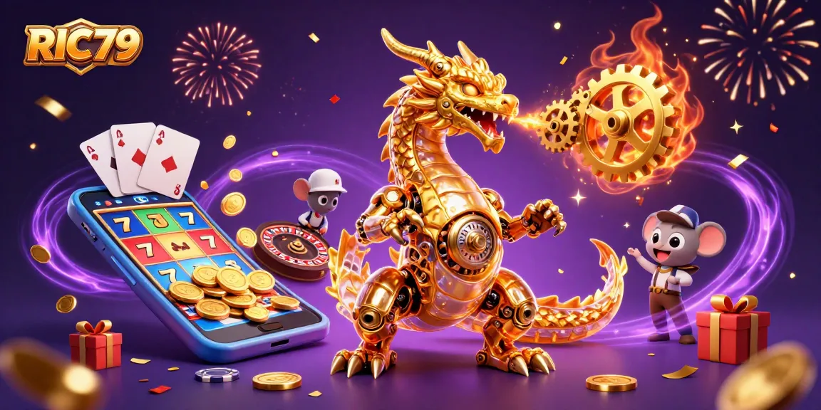 Spin and win at RIC79 with a golden dragon and slot games exploding with coins and excitement.