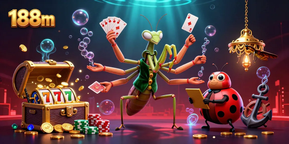 Engage with 188m's dynamic casino atmosphere featuring a unique praying mantis card sharp and gaming elements.