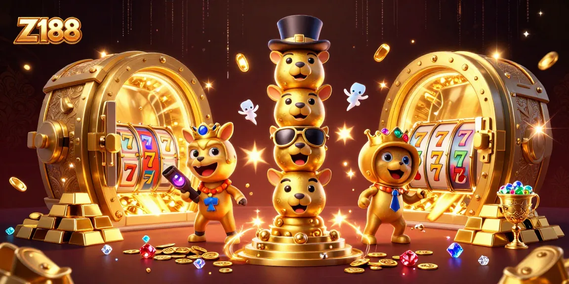 Z188 players engaging with a vibrant casino scene filled with gold and treasures.