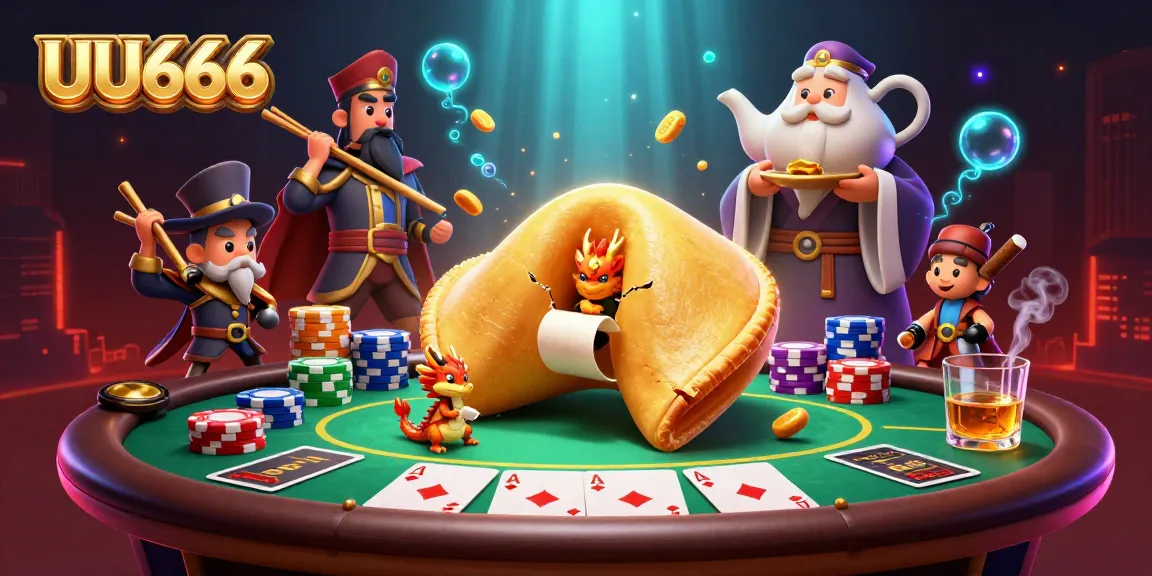 Experience thrilling poker action with UU666 in a vibrant golden fortune-themed casino illustration.