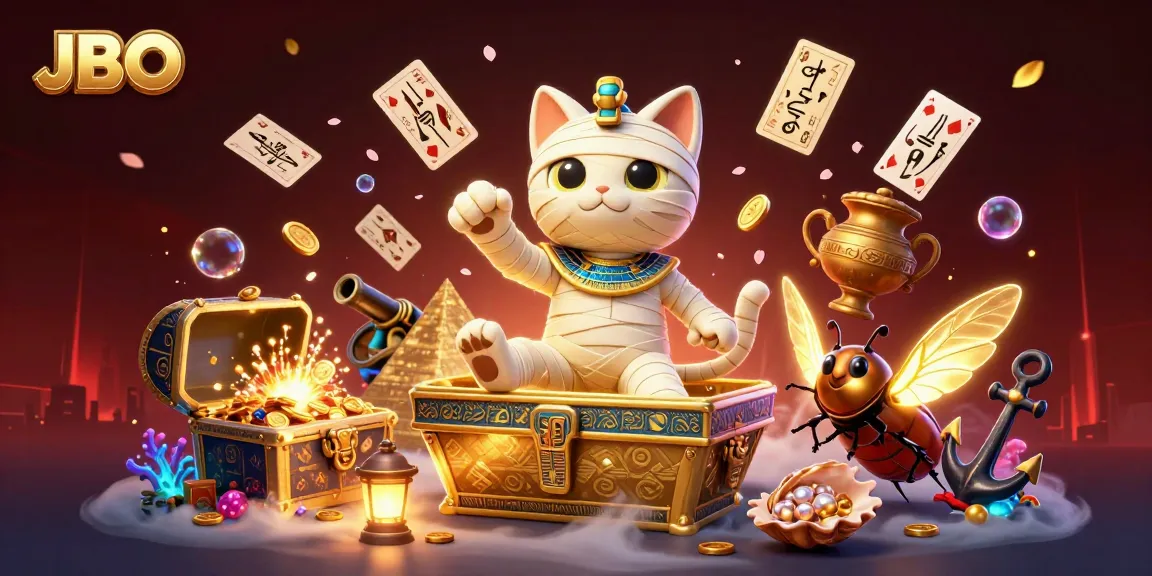 Join the fun with JBO as a cartoon mummy and scarab beetle enjoy pyramid casino delights.