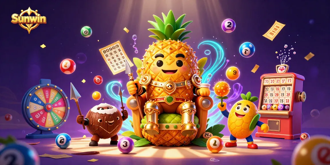 Engage in thrilling games at Sunwin with vibrant visuals of lotteries, jester, and casino elements.