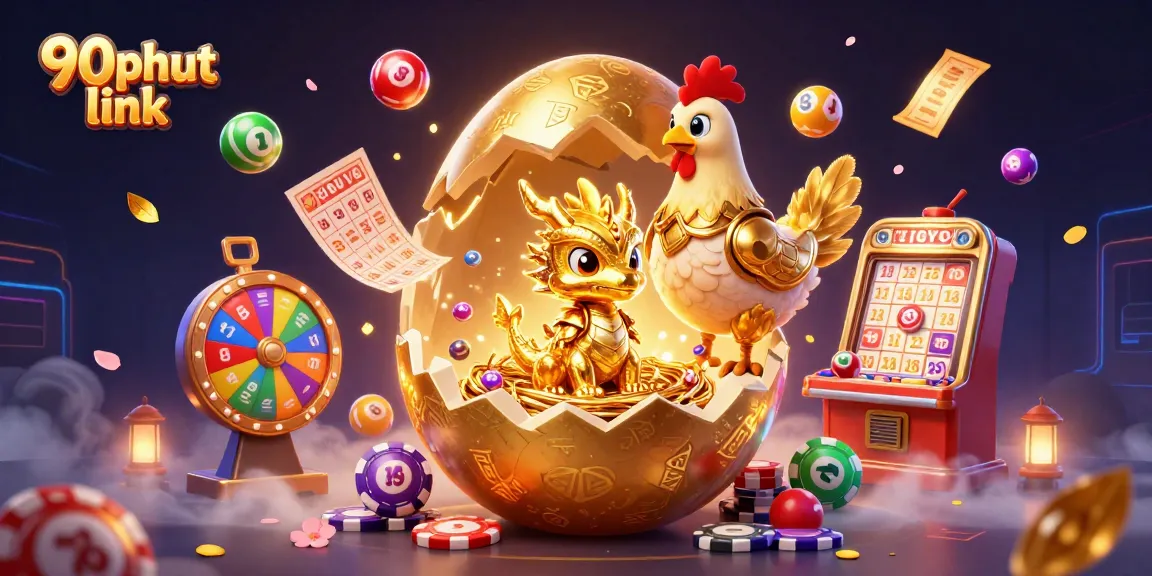 Engage with 90phut link as the golden dragon smiles among vibrant gaming elements, showcasing the essence of thrilling online gambling.