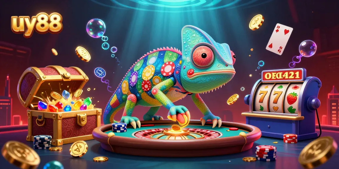 uy88 chameleon casino owner catching coins amidst vibrant casino elements in a packed underwater scene