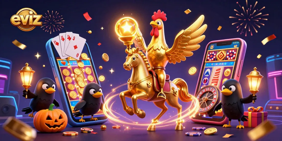 Win at eviz with a colorful slot game featuring a golden rooster in a dazzling casino scene.