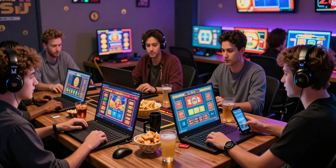 Engaging credit card casino experience with diverse players enjoying online gaming on laptops and mobile devices in a lively virtual environment.