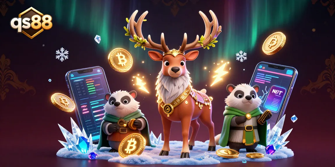 Experience qs88's dynamic gaming world with 3D characters amidst glowing crypto elements.