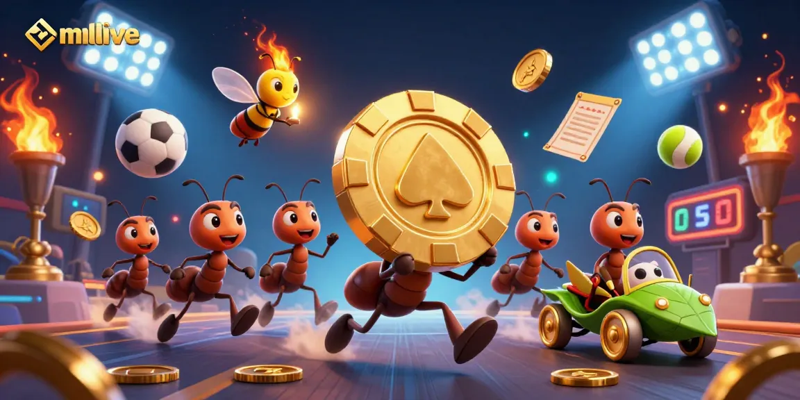 Engage in thrilling mmlive action with playful animated ants heisting a giant poker chip.