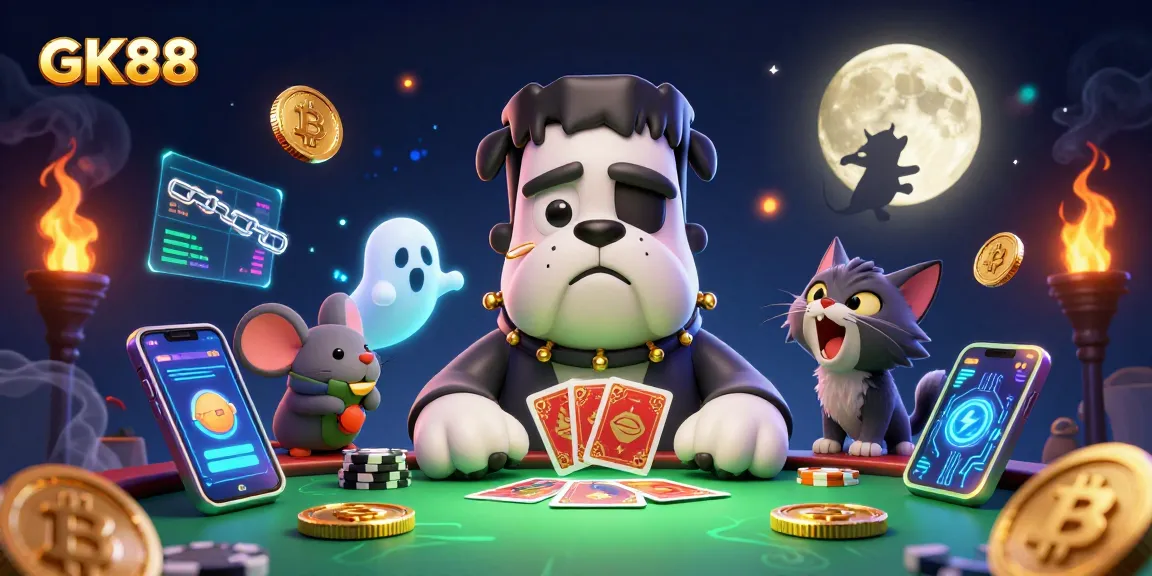 GK88 players engaging with a lively 3D casino scene featuring a Frankenstein dog and werewolf kitten.
