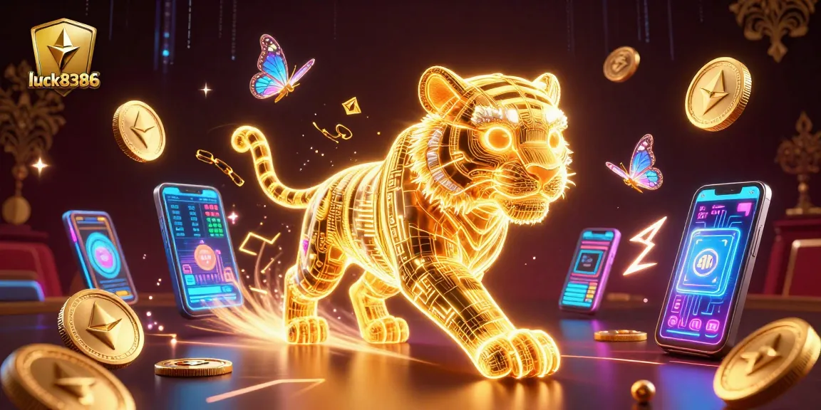 Engage in play at luck8386’s vibrant casino scene, showcasing crypto coins and digital gaming elements.