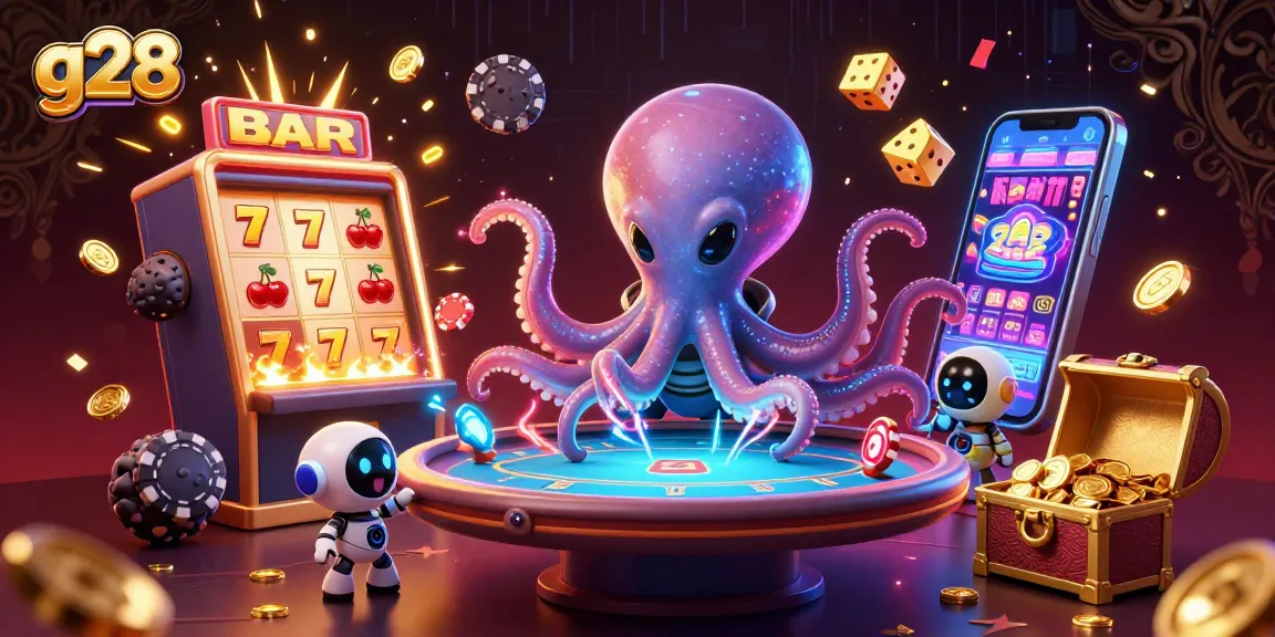 g28's vibrant casino scene with an alien octopus at a poker table, thrilling jackpot elements