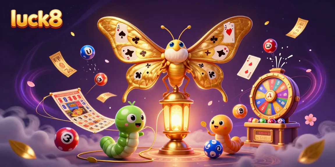Experience luck8's vibrant gambling world with playful lottery elements and a majestic moth in a colorful digital scene.