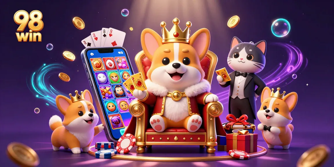 Engage and win at 98 win with vibrant characters and dynamic casino elements in a colorful digital illustration.