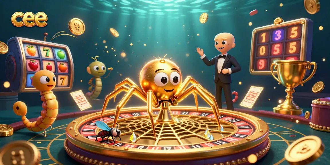 Experience thrilling bets at cee with a golden spider managing roulette web and animated casino elements.
