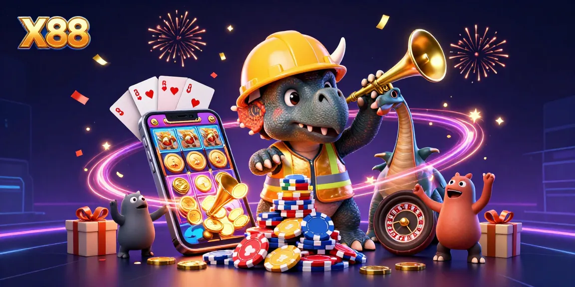 X88 brings excitement to life with a vibrant cartoony scene celebrating casinos and games.