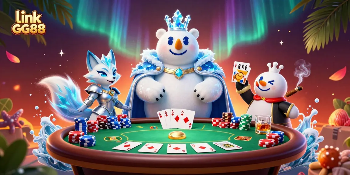 Engage in thrilling poker action featuring link GG88 with a cartoon polar bear and fox amidst colorful chips.