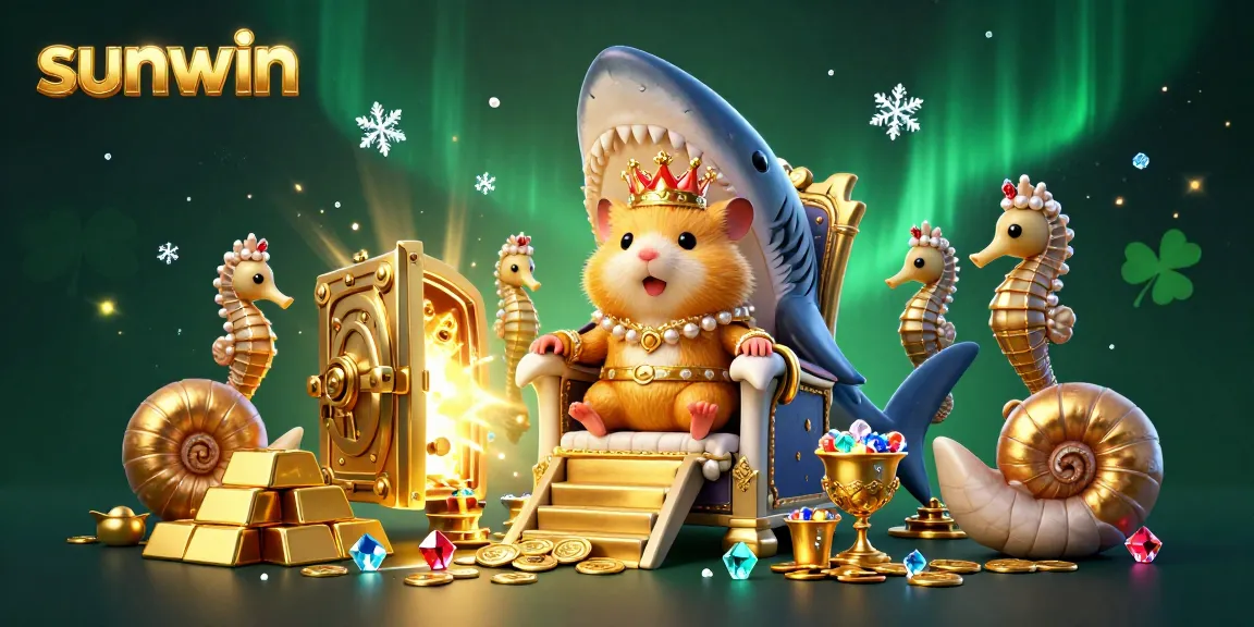 Engage with sunwin's vibrant atmosphere as the golden hamster king reigns from his megalodon throne, surrounded by treasures and royal guardians.