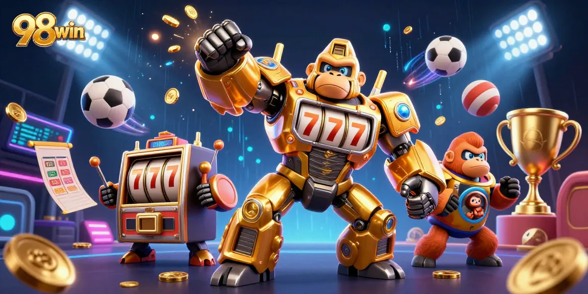 Experience thrilling gaming with 98win's golden gorilla mech and dynamic sports elements.