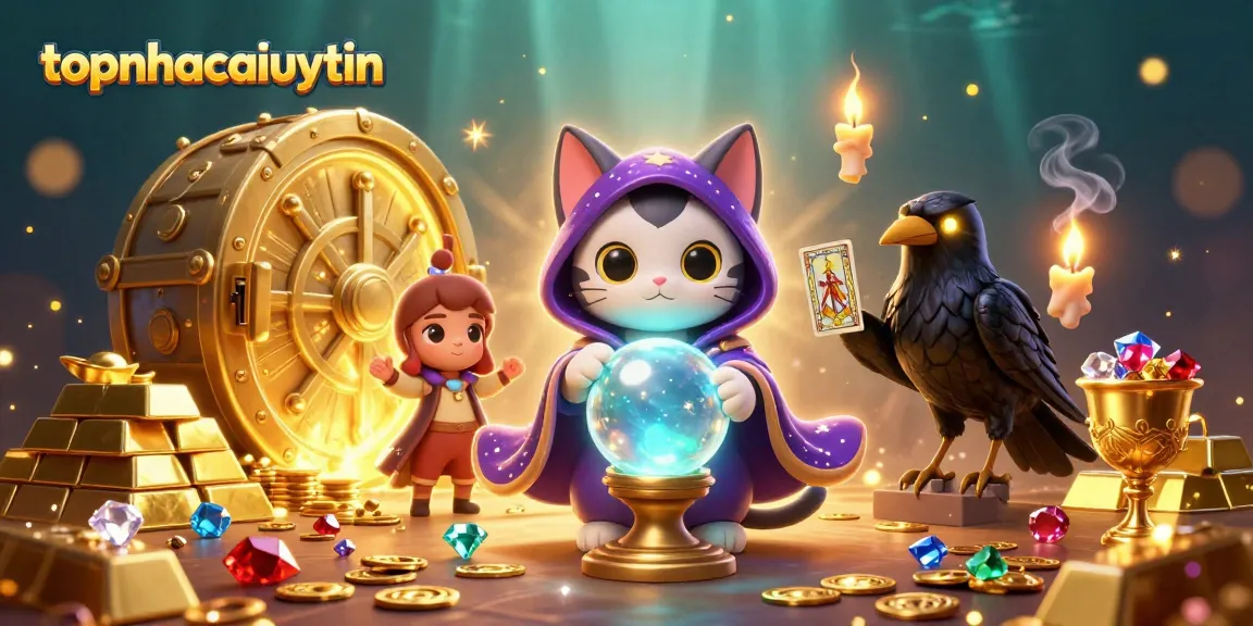 Experience the magic of topnhacaiuytin with a mystic scene featuring a fortune teller cat and treasures!