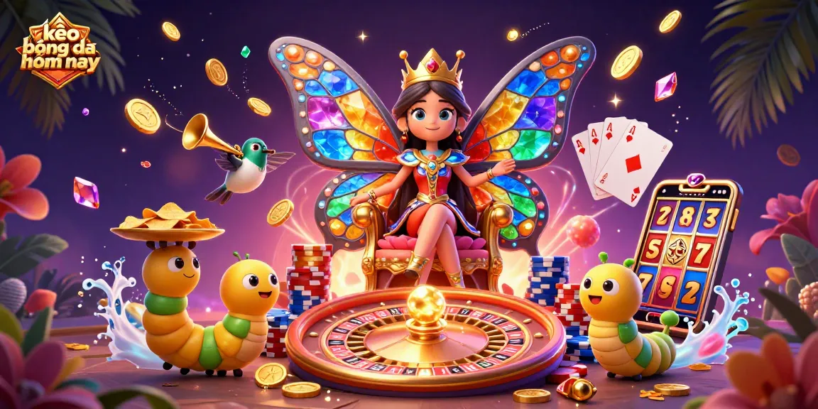 Experience kèo bóng đá hôm nay with a vibrant casino scene featuring a butterfly queen and dynamic game elements.