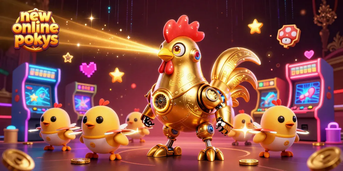 Engage with new online pokies featuring a vibrant 3D scene of a golden rooster robot and baby chick drones.