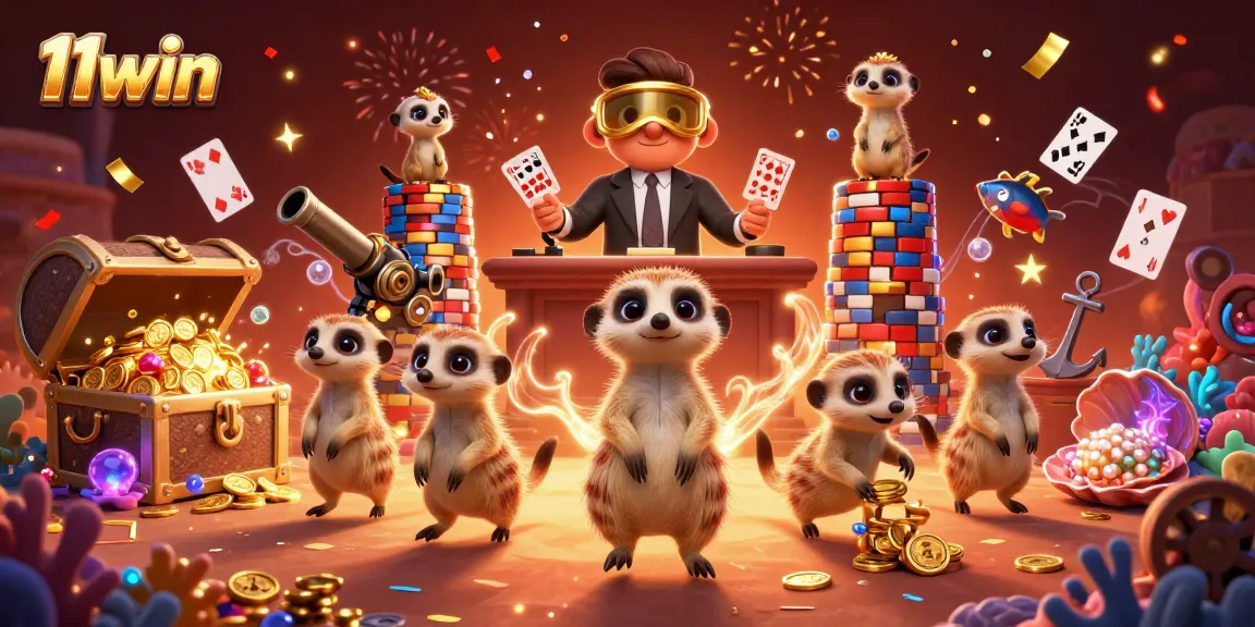 Experience the fun of 11win's casino with meerkats managing games and sneaking chips.