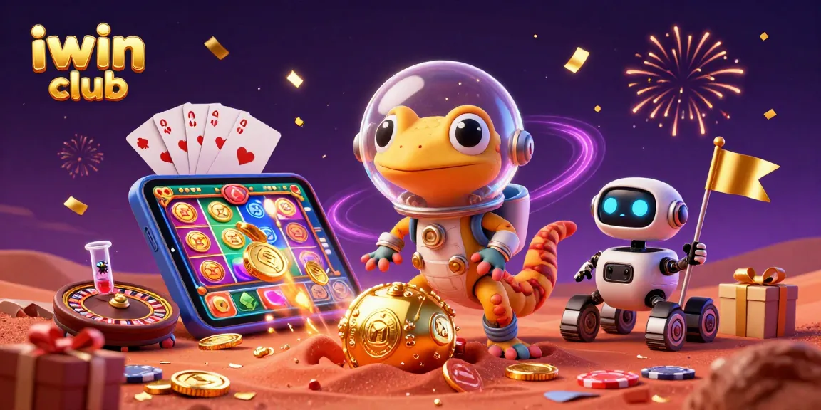 Experience the thrill of iwin club with a cartoon Martian gecko discovering a hidden casino on Mars!