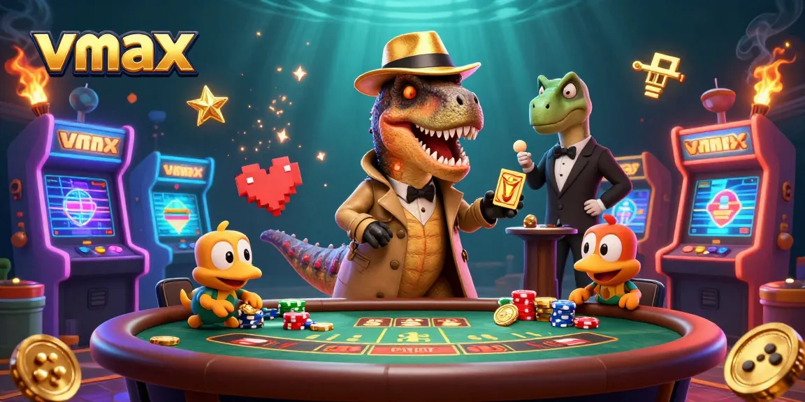 Vmax: A velociraptor card counter sneaks chips along with a stegosaurus pit boss at a vibrant casino scene.